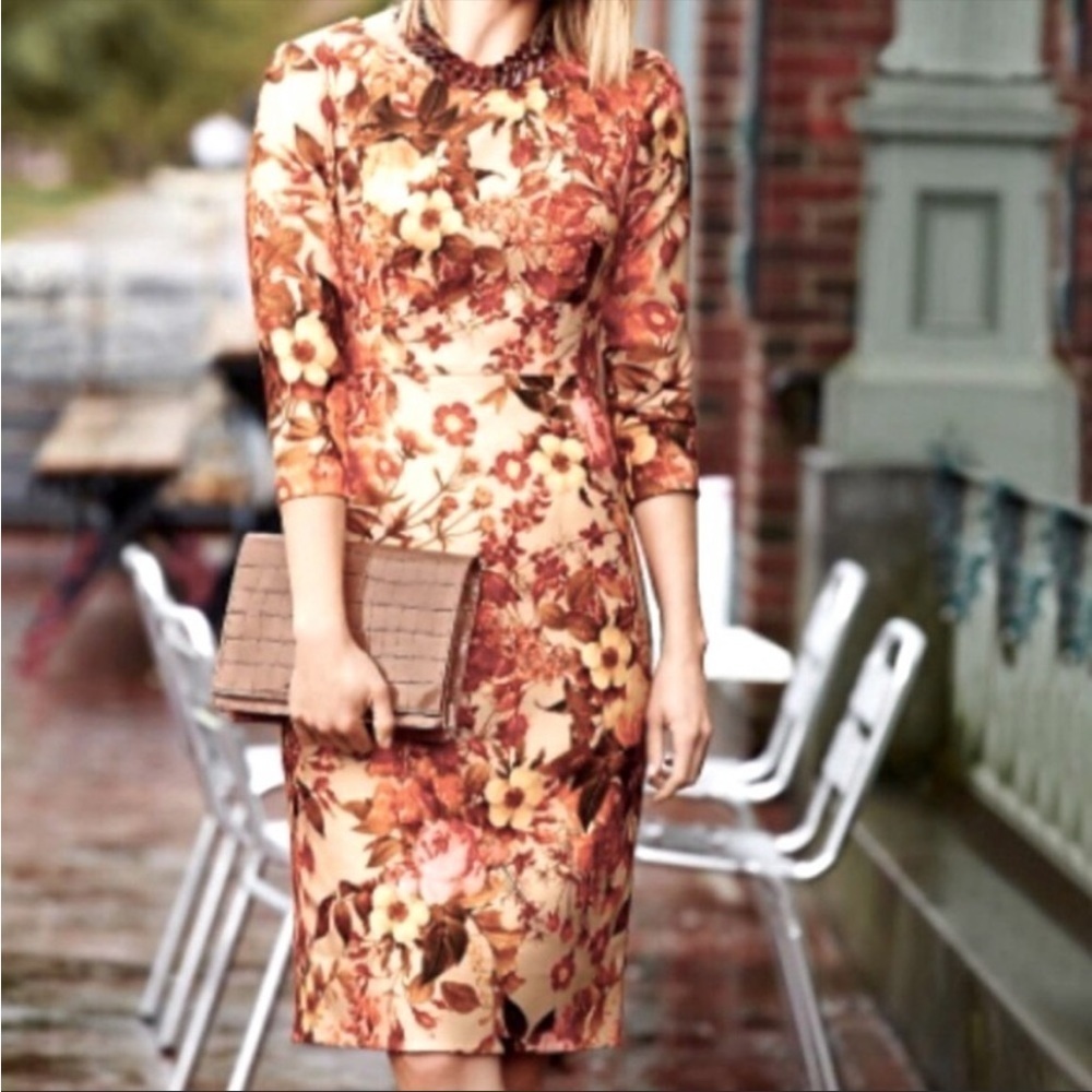 Talbots Yellow Orange Brown Pink Antique Floral Bloom Dress in Vermilion